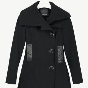 Mackage Black Wool Leather-Trim Buttoned Coat